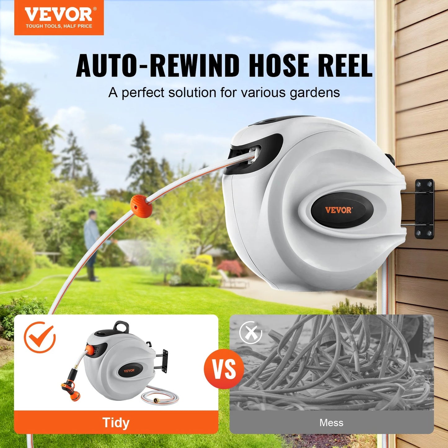 VEVOR Retractable Hose Reel Water Hose Reel 100'X1/2 180¡Ã Swivel Wall-Mounted,Garden Water Hose Reel with 9-Pattern Nozzle,Automatic Rewind, Lock at Any Length, with Slow Return System