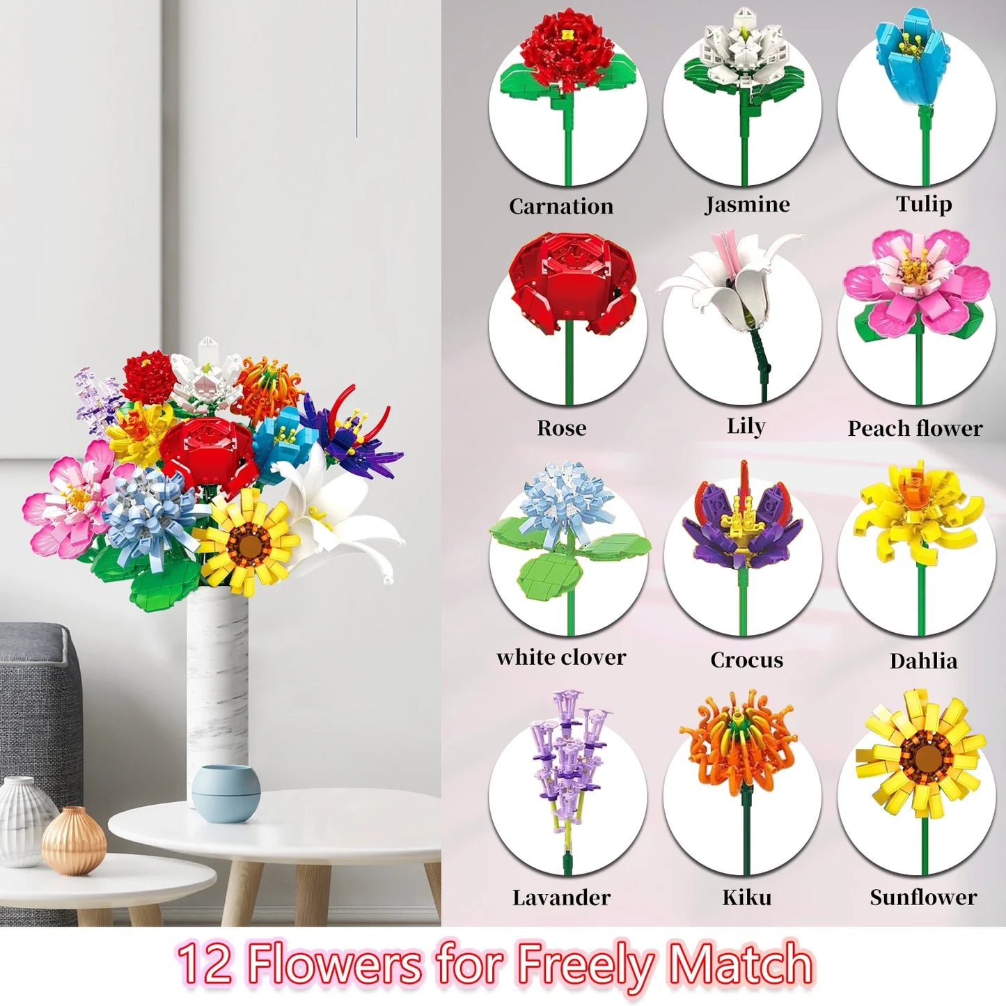 1064 Pcs Flower Bouquet Building Set, 12 Artificial Flowers Botanical Collection Toys for Valentines’ Day Christmas (No Vase)