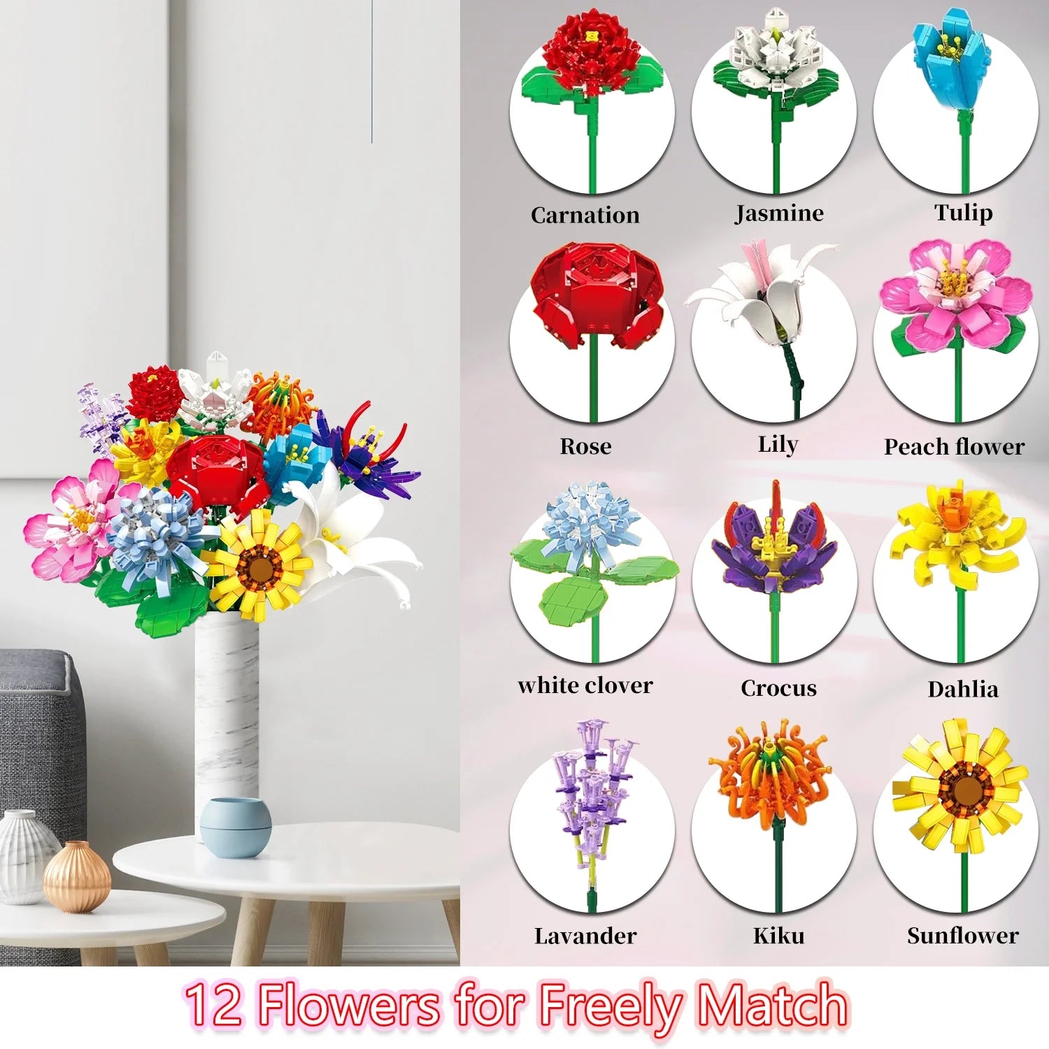 1064 Pcs Flower Bouquet Building Set, 12 Artificial Flowers Botanical Collection Toys for Valentines’ Day Christmas (No Vase)