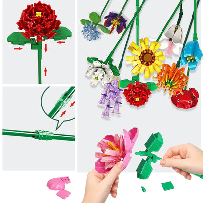 1064 Pcs Flower Bouquet Building Set, 12 Artificial Flowers Botanical Collection Toys for Valentines’ Day Christmas (No Vase)