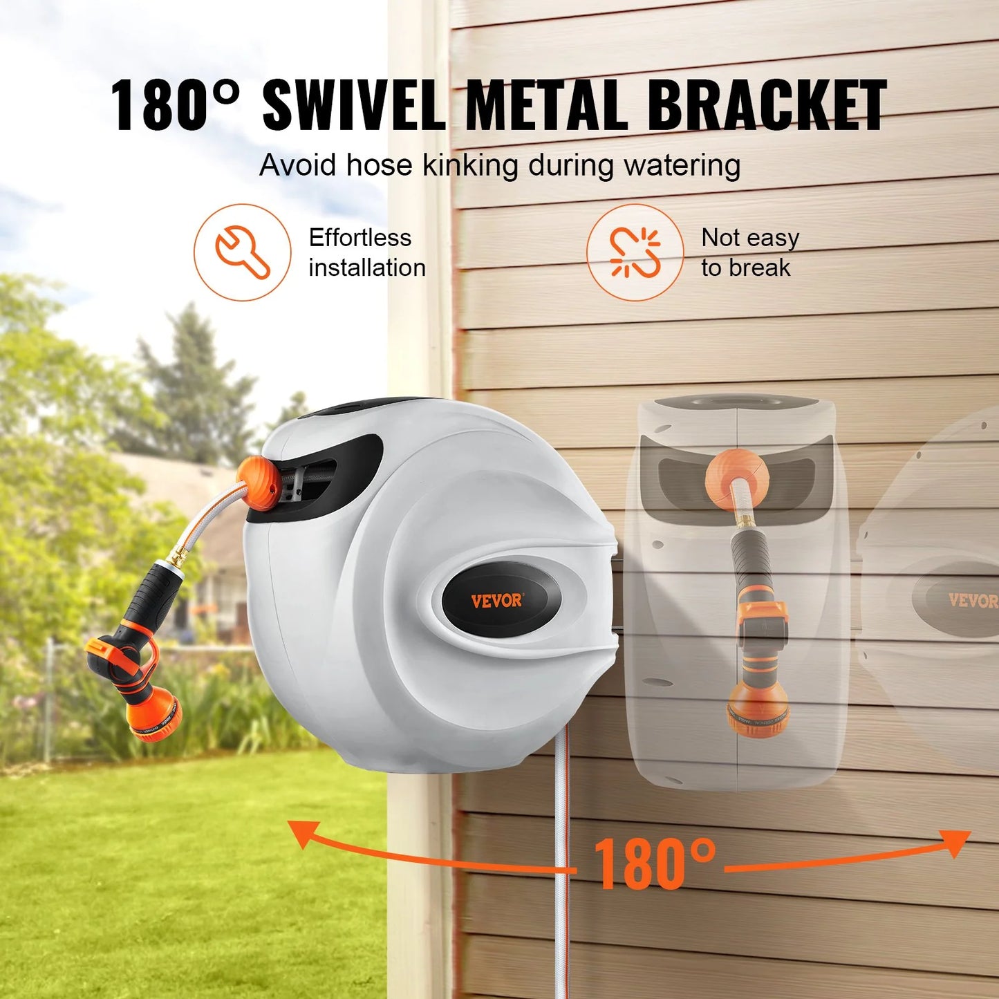 VEVOR Retractable Hose Reel Water Hose Reel 100'X1/2 180¡Ã Swivel Wall-Mounted,Garden Water Hose Reel with 9-Pattern Nozzle,Automatic Rewind, Lock at Any Length, with Slow Return System