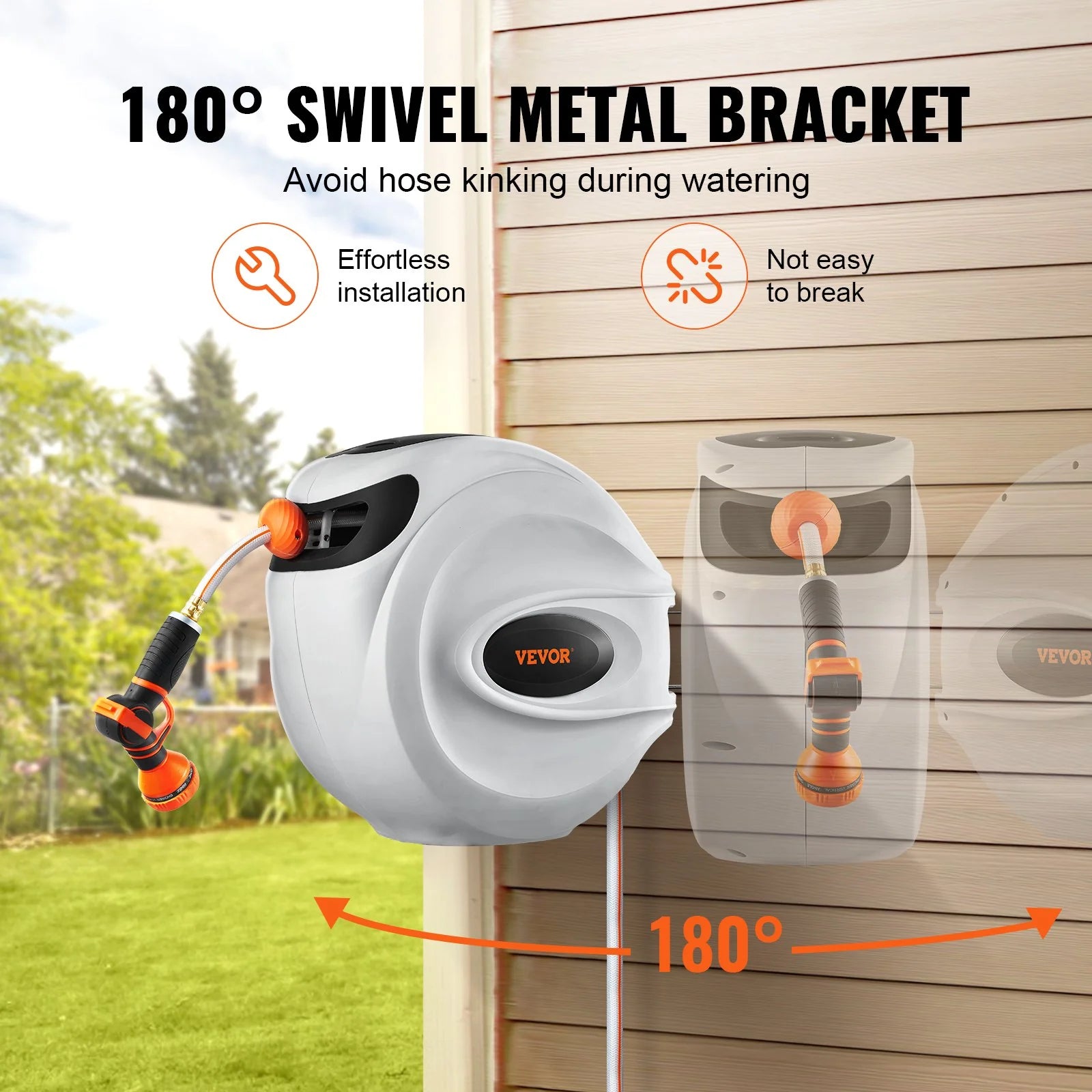 VEVOR Retractable Hose Reel Water Hose Reel 100'X1/2 180¡Ã Swivel Wall-Mounted,Garden Water Hose Reel with 9-Pattern Nozzle,Automatic Rewind, Lock at Any Length, with Slow Return System