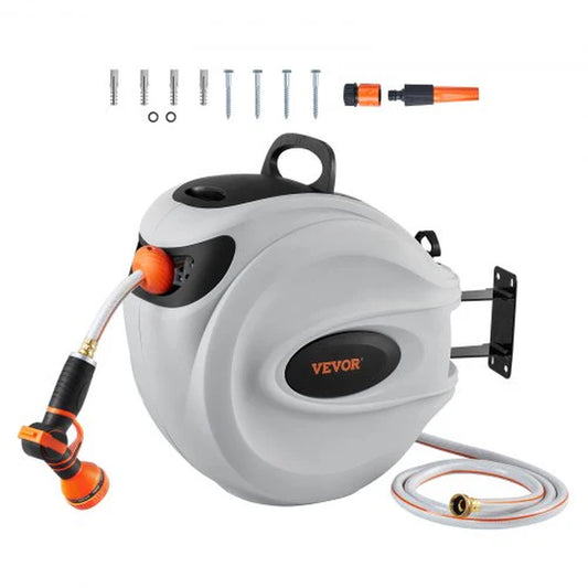 VEVOR Retractable Hose Reel Water Hose Reel 100'X1/2 180¡Ã Swivel Wall-Mounted,Garden Water Hose Reel with 9-Pattern Nozzle,Automatic Rewind, Lock at Any Length, with Slow Return System