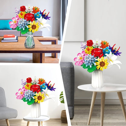 1064 Pcs Flower Bouquet Building Set, 12 Artificial Flowers Botanical Collection Toys for Valentines’ Day Christmas (No Vase)