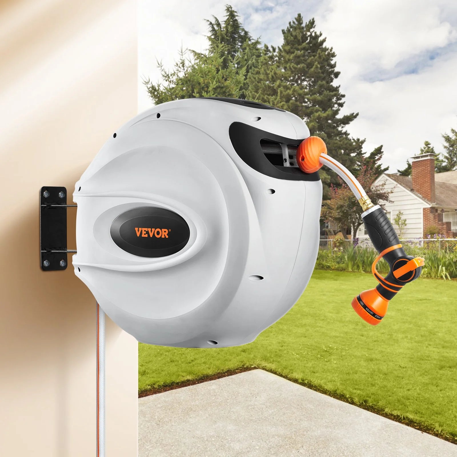 VEVOR Retractable Hose Reel Water Hose Reel 100'X1/2 180¡Ã Swivel Wall-Mounted,Garden Water Hose Reel with 9-Pattern Nozzle,Automatic Rewind, Lock at Any Length, with Slow Return System
