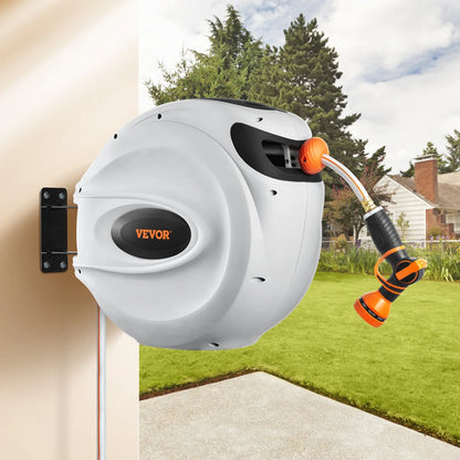 VEVOR Retractable Hose Reel Water Hose Reel 100'X1/2 180¡Ã Swivel Wall-Mounted,Garden Water Hose Reel with 9-Pattern Nozzle,Automatic Rewind, Lock at Any Length, with Slow Return System