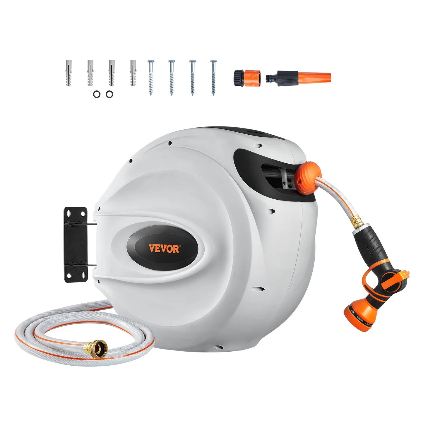 VEVOR Retractable Hose Reel Water Hose Reel 100'X1/2 180¡Ã Swivel Wall-Mounted,Garden Water Hose Reel with 9-Pattern Nozzle,Automatic Rewind, Lock at Any Length, with Slow Return System