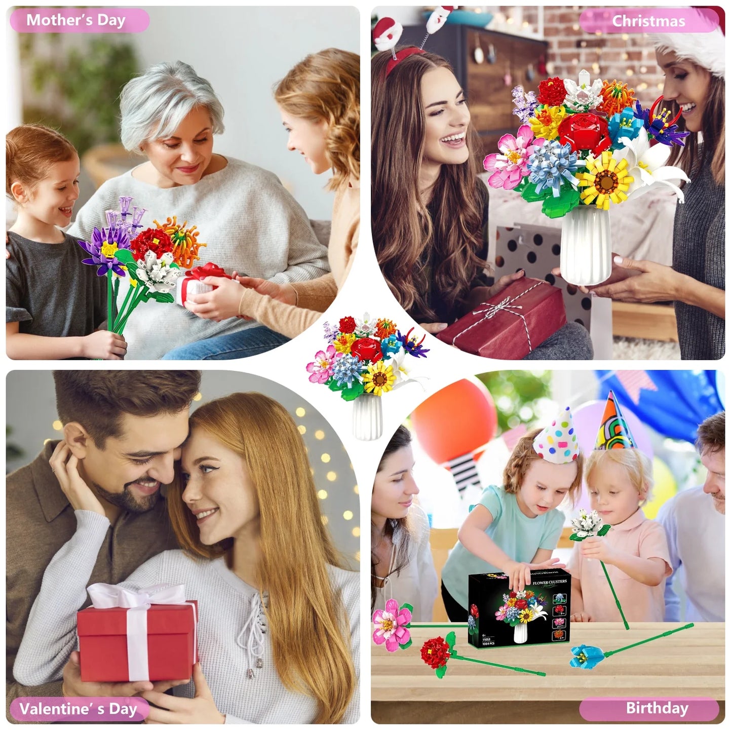 1064 Pcs Flower Bouquet Building Set, 12 Artificial Flowers Botanical Collection Toys for Valentines’ Day Christmas (No Vase)