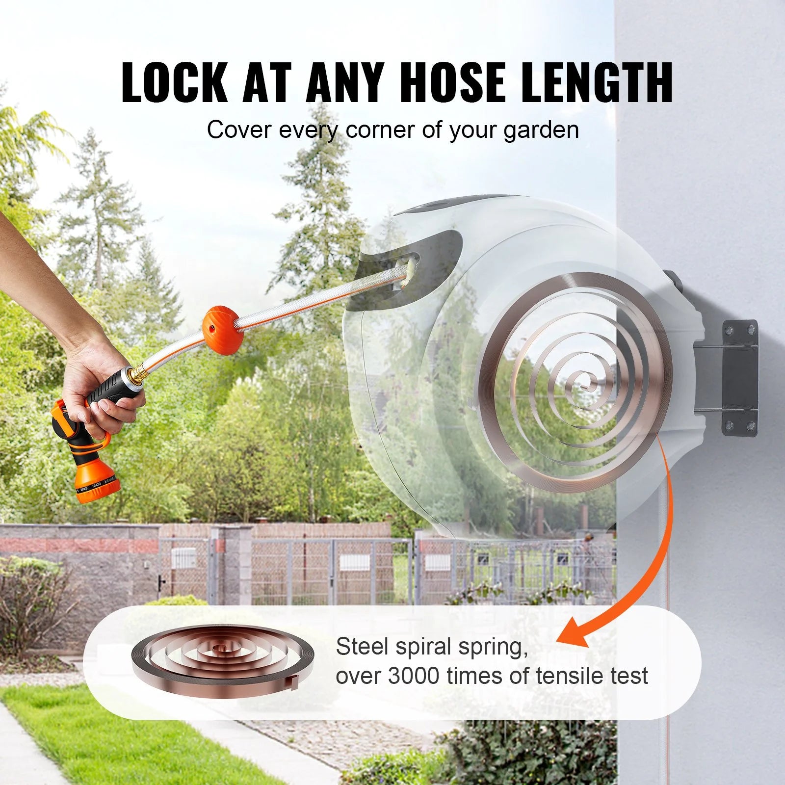 VEVOR Retractable Hose Reel Water Hose Reel 100'X1/2 180¡Ã Swivel Wall-Mounted,Garden Water Hose Reel with 9-Pattern Nozzle,Automatic Rewind, Lock at Any Length, with Slow Return System
