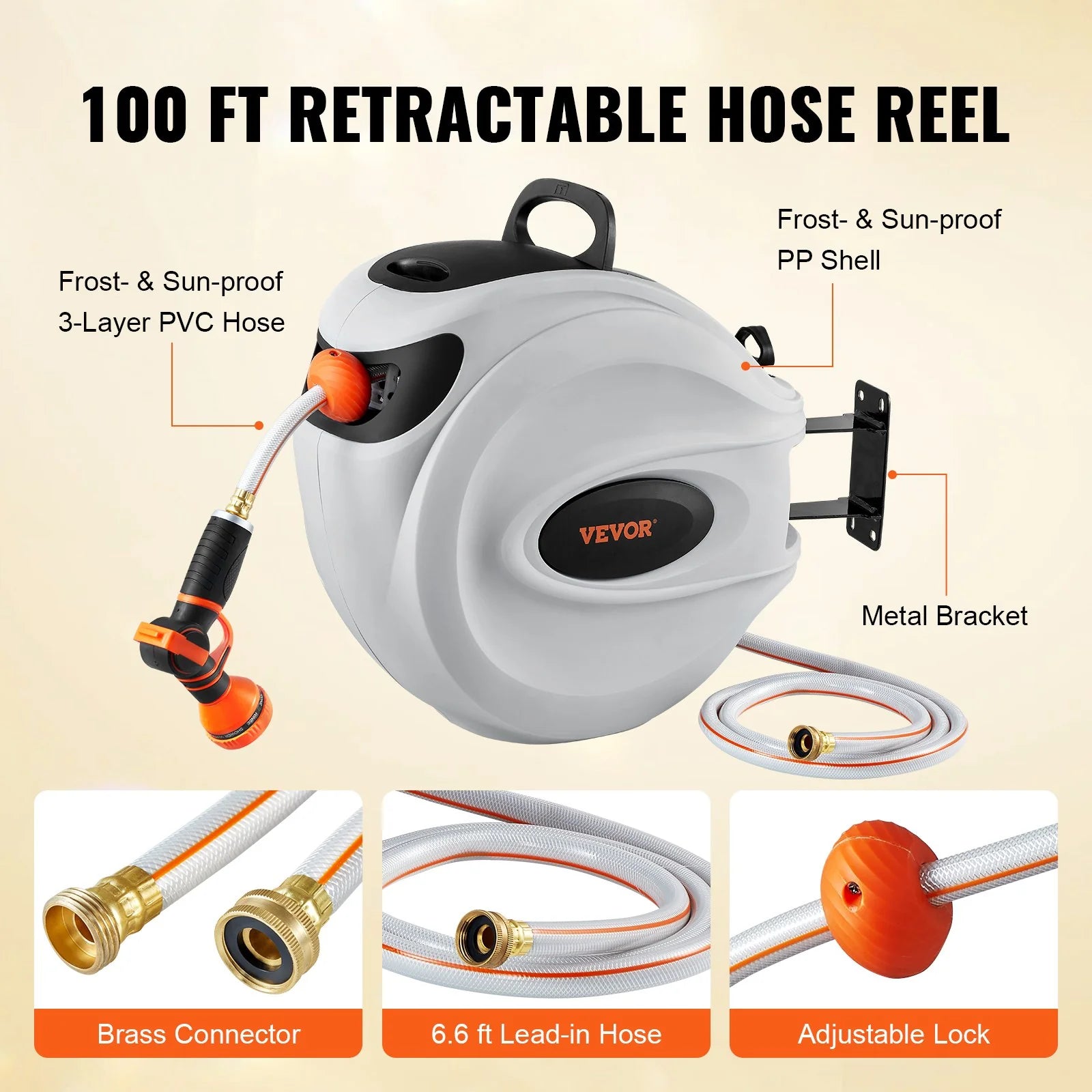 VEVOR Retractable Hose Reel Water Hose Reel 100'X1/2 180¡Ã Swivel Wall-Mounted,Garden Water Hose Reel with 9-Pattern Nozzle,Automatic Rewind, Lock at Any Length, with Slow Return System