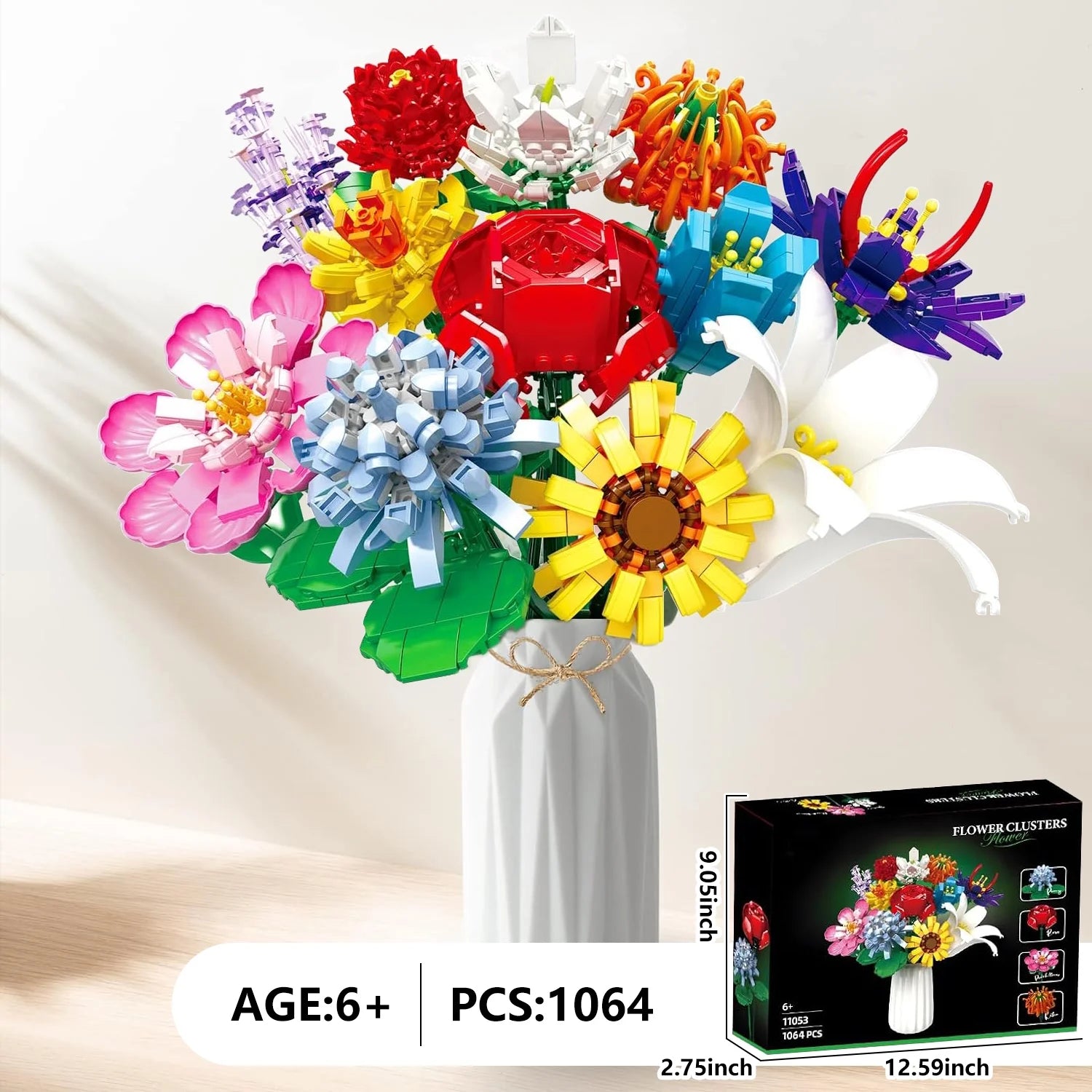 1064 Pcs Flower Bouquet Building Set, 12 Artificial Flowers Botanical Collection Toys for Valentines’ Day Christmas (No Vase)