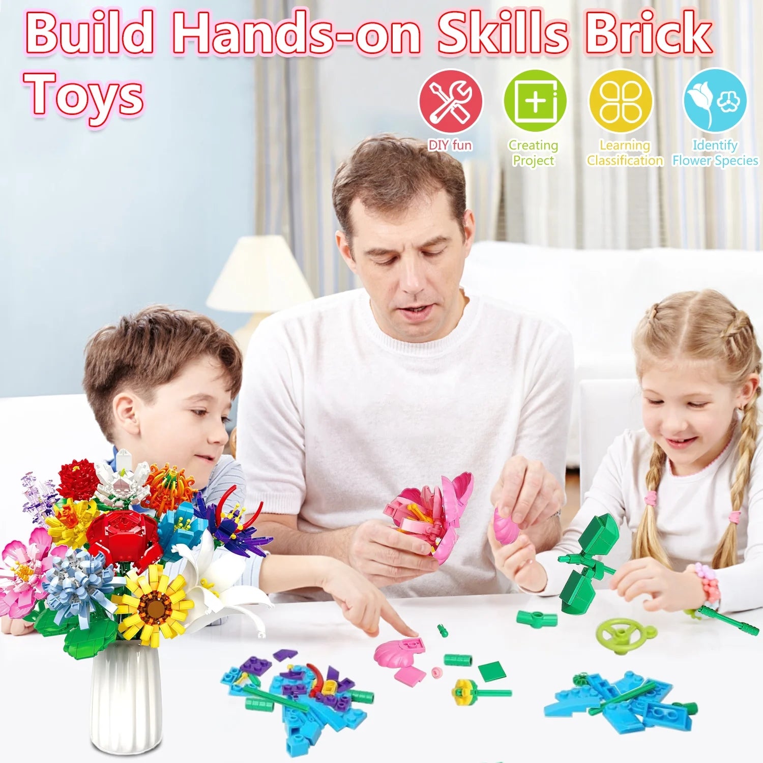 1064 Pcs Flower Bouquet Building Set, 12 Artificial Flowers Botanical Collection Toys for Valentines’ Day Christmas (No Vase)