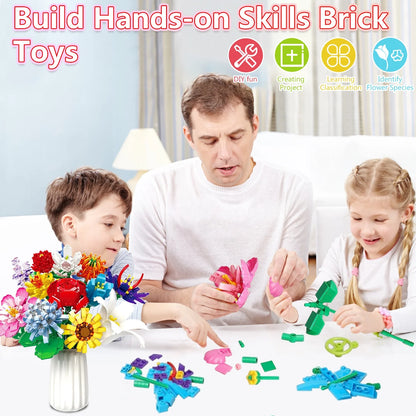 1064 Pcs Flower Bouquet Building Set, 12 Artificial Flowers Botanical Collection Toys for Valentines’ Day Christmas (No Vase)