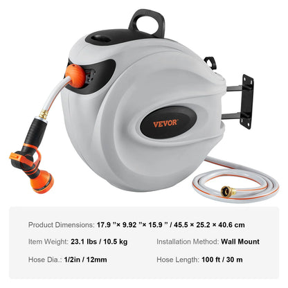 VEVOR Retractable Hose Reel Water Hose Reel 100'X1/2 180¡Ã Swivel Wall-Mounted,Garden Water Hose Reel with 9-Pattern Nozzle,Automatic Rewind, Lock at Any Length, with Slow Return System
