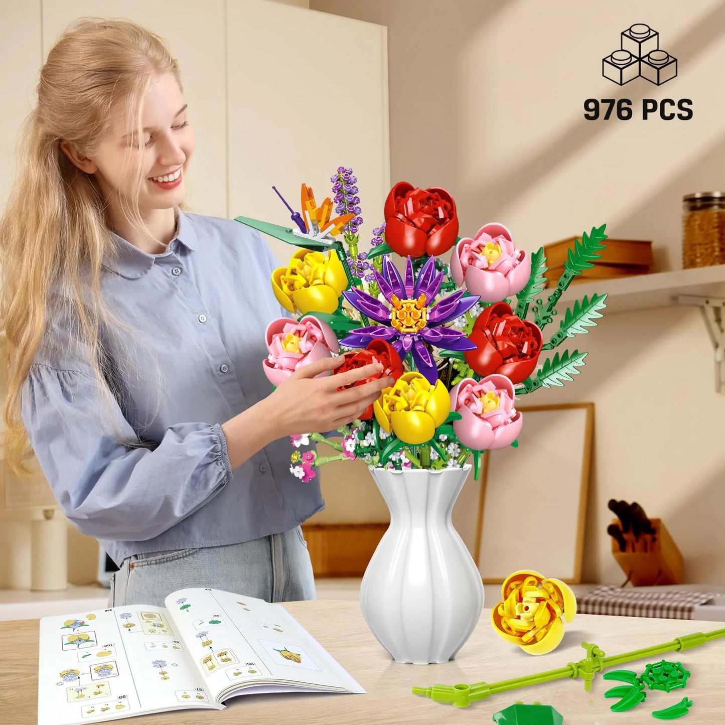 Rose Flower Building Block Sets, Flower STEM Building Toy Valentine'S Day Mother'S Day Gifts for Kids and Adults